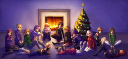  6+girls absurdres ahoge akame_ga_kill! alternate_costume artoria_pendragon_(fate) black_socks black_thighhighs blonde_hair chelsea_(akame_ga_kill!) christmas christmas_tree clannad crossover date_a_live erza_scarlet fairy_tail fairy_wings fate/stay_night fate_(series) fireplace fujibayashi_ryou fujimura_taiga highres himuro_akari kotoura-san kotoura_haruka long_hair lying minami-ke minami_kana monorus multiple_girls night_wizard pants panty_&amp;_stocking_with_garterbelt pantyhose persona persona_4 photoshop_(medium) pokemon red_hair saber_(fate) sabrina_(pokemon) sako_rk_95_(upotte!!) satonaka_chie senki_zesshou_symphogear short_hair sitting skirt smile socks stocking_(psg) sweater thighhighs tokisaki_kurumi upotte!! wings yukine_chris 