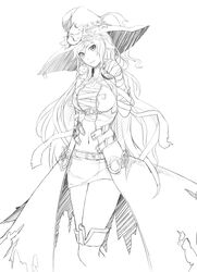  ayase_tamaki bandages belt commentary_request cowboy_shot feline female flower_knight_girl fox_face_(flower_knight_girl) greyscale hat highres line_art long_hair looking_at_viewer monochrome navel skirt smile solo thighhighs witch_hat 