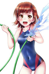  brown_eyes brown_hair commentary_request competition_swimsuit cowboy_shot female hose looking_at_viewer misaka_mikoto one-piece_swimsuit one_eye_closed oooqqq open_mouth short_hair simple_background solo swimsuit toaru_kagaku_no_railgun toaru_majutsu_no_index water white_background 