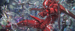  1boy action armor blurry commentary_request depth_of_field etherow firing gas1 highres legs_apart male_focus ningyou_no_kuni outstretched_arm red_armor red_theme shockwave solo sparks weapon white_eyes 