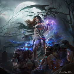  armor bahamut_crisis bare_shoulders bare_tree black_gloves bracer brown_hair commentary_request earrings eudia_(serenity2200) female full_moon gloves glowing glowing_eyes graveyard holding holding_weapon hood jewelry karma_(bahamut_crisis) long_hair looking_at_viewer magic midriff moon navel night o-ring official_art open_mouth outdoors photoshop_(medium) scythe skeleton standing tree watermark weapon 