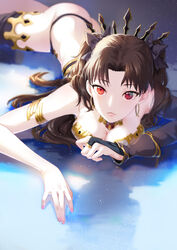  arm_warmers ass asymmetrical_sleeves bad_id bad_pixiv_id black_hair blurry breasts cleavage depth_of_field earrings elbow_gloves fate/grand_order fate_(series) female furururu gloves highres hoop_earrings ishtar_(fate) jewelry long_hair long_legs looking_at_viewer lying medium_breasts on_stomach parted_lips red_eyes single_arm_warmer single_elbow_glove single_thighhigh solo thighhighs uneven_sleeves 