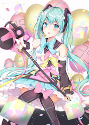  :o ahoge balloon bare_shoulders black_thighhighs blue_bow blue_eyes blue_skirt blurry blurry_foreground blush bow commentary_request cube depth_of_field detached_sleeves female green_hair hair_between_eyes hair_ornament hatsune_miku highres holding houraku long_hair long_sleeves looking_at_viewer magical_mirai_(vocaloid) magical_mirai_miku magical_mirai_miku_(2018) megaphone musical_note musical_note-shaped_pupils parted_lips pink_bow shirt single_detached_sleeve sitting skirt sleeveless sleeveless_shirt solo symbol-shaped_pupils teeth thighhighs twintails upper_teeth_only very_long_hair vocaloid white_shirt yellow_bow 