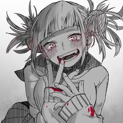  :d blood blood_on_clothes blunt_bangs blush boku_no_hero_academia cardigan commentary_request double_bun fangs female hair_bun komiya_harumoto looking_at_viewer messy_hair monochrome open_mouth school_uniform serafuku sleeves_past_wrists slit_pupils smile solo spot_color toga_himiko upper_body white_background 