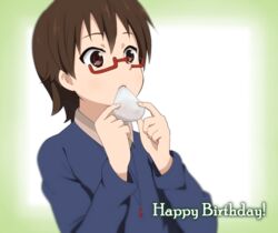  brown_eyes brown_hair commentary_request eating female food glasses happy_birthday holding holding_food k-on! manabe_nodoka mochi shizupu short_hair solo wagashi 