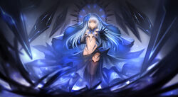  300_heroes alternate_hairstyle bad_id bad_pixiv_id black_thighhighs blue_eyes breasts bridal_veil commentary_request dark_persona date_a_live female highres long_hair looking_at_viewer navel official_art outstretched_arm photoshop_(medium) revealing_clothes small_breasts solo spoilers thighhighs tobiichi_origami veil white_hair zhuore_zhi_hen 