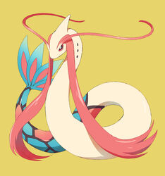  commentary_request matsuki_(mikipingpong) milotic no_humans pokemon pokemon_(creature) red_eyes scales yellow_background 