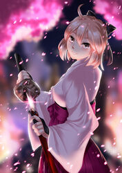  ahoge armor black_bow blonde_hair blurry blurry_background bow breasts cherry_blossoms closed_mouth commentary_request cowboy_shot fate_(series) female from_side glowing grey_eyes hadant hair_between_eyes hairbow hakama hakama_skirt highres holding holding_sword holding_weapon japanese_armor japanese_clothes katana kimono koha-ace kote kurokote lens_flare light_particles looking_at_viewer medium_breasts motion_blur night okita_souji_(fate) okita_souji_(koha-ace) photoshop_(medium) pink_hair purple_hakama red_hakama scarf shade sheath short_hair skirt smile solo sword unsheathing weapon 