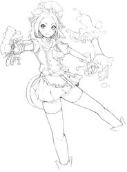  :q ayase_tamaki chef_hat commentary_request female flower_knight_girl full_body greyscale hat highres line_art looking_at_viewer monochrome shirt short_hair skirt solo spatula thighhighs tongue tongue_out yadorigi_(flower_knight_girl) zettai_ryouiki 