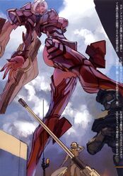  armor ass asuka-eva-synthesis breasts from_below giantess gun high_heels large_breasts long_hair mecha_musume neon_genesis_evangelion neon_genesis_evangelion_anima open_mouth soldier souryuu_asuka_langley visor_(armor) weapon 