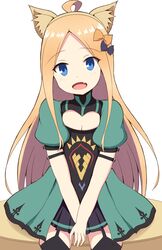  :d abigail_williams_(fate) absurdres ahoge animal_ear_fluff animal_ears atalanta_(fate) atalanta_(fate)_(cosplay) black_bow black_skirt black_thighhighs blonde_hair blue_eyes blush bow breasts cat_ears cleavage cleavage_cutout clothing_cutout commentary_request cosplay dress fake_animal_ears fate/apocrypha fate/grand_order fate_(series) female forehead garter_straps green_dress hairbow head_tilt highres long_hair mitchi oerba_yun_fang open_mouth orange_bow parted_bangs pleated_skirt puffy_short_sleeves puffy_sleeves short_sleeves sitting skirt small_breasts smile solo thighhighs very_long_hair white_background 