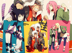  2girls 4boys :d alcohol back black_hair blonde_hair bottle breast_envy closed_eyes commentary_request cosplay cup facepaint flip-flops forehead forehead_protector full_body geta grin hand_on_another&#039;s_head holding holding_cup jiraiya_(naruto) jiraiya_(naruto)_(cosplay) long_hair multiple_boys multiple_girls naruto naruto_(series) ninja oba-min open_clothes orochimaru_(naruto) orochimaru_(naruto)_(cosplay) oversized_clothes photoshop_(medium) pink_hair poster_(object) sakura_haruno sandals smile teeth toes tsunade_(naruto) tsunade_(naruto)_(cosplay) uchiha_sasuke uzumaki_naruto white_hair wig wine wine_bottle 