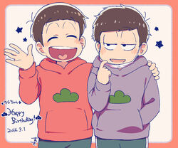  2boys ^_^ black_hair brothers closed_eyes commentary_request dated hand_on_another&#039;s_shoulder happy_birthday heart heart_in_mouth hood hoodie male_focus mask mask_pull matsuki_(mikipingpong) matsuno_ichimatsu matsuno_osomatsu mouth_mask multiple_boys open_mouth osomatsu-kun osomatsu-san osomatsu_(series) siblings smile star_(symbol) surgical_mask 