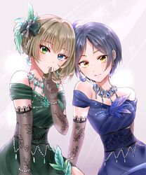  2girls :o blue_eyes blue_hair bow brown_hair chii_(sbshop) commentary_request dress earrings elbow_gloves fishnet_gloves fishnets floral_print gloves green_bow green_eyes grey_background hairbow hayami_kanade heterochromia highres idolmaster idolmaster_cinderella_girls index_finger_raised jewelry looking_at_viewer mole mole_under_eye multiple_girls mysterious_eyes_(idolmaster) necklace off-shoulder_dress off_shoulder pretty_liar_(idolmaster) short_hair sleeveless sleeveless_dress smile takagaki_kaede yellow_eyes 