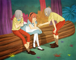  2boys alice_(wonderland) alice_(wonderland)_(cosplay) alice_in_wonderland cosplay dress female grey_hair highres multiple_boys naruto red_hair sakon_(naruto) sitting steampunkskulls tayuya ukon_(naruto) 