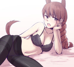  alexandra_serbanescu animal_ears arm_support black_bra bra braid breasts brown_eyes brown_hair cleavage commentary_request dog_ears dog_girl dog_tail female liar_lawyer long_hair looking_at_viewer lying medium_breasts navel on_side open_mouth panties panties_under_pantyhose pantyhose partially_undressed scar scar_across_eye scar_on_face solo tail underwear world_witches_series 