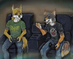  2017 5:4 anthro blue_eyes brown_eyes canid canine canis clothed clothing digital_media_(artwork) duo fully_clothed gaming male mammal nintendo paan shanewolf sitting smile the_legend_of_zelda wolf yokhame 