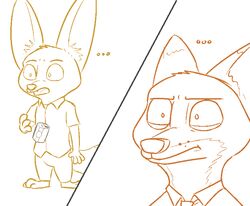  2017 anthro barefoot beverage_can canid canine clothed clothing disney drop duo ellipsis feet fennec_fox finnick_(zootopia) fox male mammal nick_wilde open_mouth reaction_image red_fox shocked simple_background tggeko true_fox white_background zootopia 