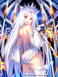  ass bare_shoulders blunt_bangs bow choker commentary_request cowboy_shot crown detached_sleeves eternal_wars female garter_straps glint hair_ornament highres holding leotard long_hair looking_at_viewer official_art open_mouth photoshop_(medium) red_eyes sky solo standing star_(sky) starry_sky sysen thighhighs very_long_hair watermark web_address white_bow white_choker white_hair white_leotard white_thighhighs 