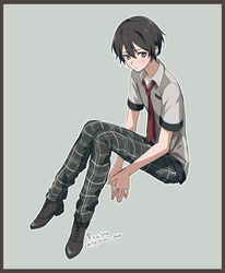  1boy black_border black_hair blush border commentary_request grey_eyes male_focus matsuki_(mikipingpong) necktie original own_hands_together pants plaid plaid_pants sitting solo 