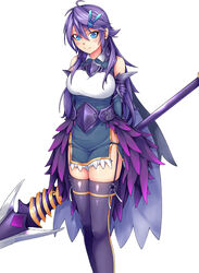  anemone_(flower_knight_girl) armor ayase_tamaki blue_eyes blue_skirt commentary_request cowboy_shot female flower_knight_girl hair_ornament hairclip highres huge_weapon long_hair looking_at_viewer polearm polearm_behind_back purple_hair purple_thighhighs skirt smile solo spear standing thighhighs weapon 