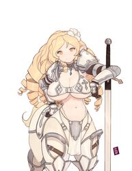  34no404 abs armor bikini_armor blonde_hair breasts centaur choker curvy female flower gem greaves hair_flower hair_ornament highres huge_breasts loincloth long_hair long_sword midriff monster_girl monster_musume_no_iru_nichijou monster_musume_no_iru_nichijou_online navel orange_eyes pauldrons planted_sword planted_weapon pointy_ears ringlets shaia_(monster_musume) slender_waist smile solo sword tail thick_thighs thighs underboob vambraces weapon 