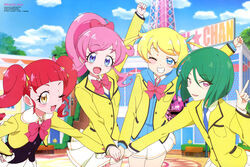  4girls absurdres akagi_anna bench black_vest blonde_hair blue_bow blue_eyes blue_hoodie blue_neckwear blue_ribbon blue_sky blue_sweater blue_vest blunt_bangs blush bow bowtie clenched_hand cloud collared_shirt company_name cropped_jacket day flat_chest frilled_jacket frills green_hair hair_between_eyes hair_ribbon hairbow hand_on_own_hip highres holding_hands hood hoodie index_finger_raised jacket kawai_mariko kirarigaoka_middle_school_uniform kiratto_pri_chan looking_at_viewer magazine_request magazine_scan midorikawa_sara mitsuda_hajime moegi_emo momoyama_mirai multiple_girls necktie official_art one_eye_closed open_mouth outdoors park parted_bangs pink_bow pink_bowtie pink_eyes pink_hair pleated_skirt ponytail pretty_series purple_eyes red_hair ribbon scan school_uniform shirt short_hair single_stripe skirt sky smile standing sweater sweater_vest teeth tongue tree twintails vest white_shirt white_skirt yellow_eyes yellow_jacket yellow_ribbon 