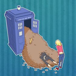  1boy armkreuz commentary_request cookie cookie_clicker doctor_who female food jacket ninth_doctor_(doctor_who) police_box rolling_pin rose_tyler short_hair tardis the_doctor 