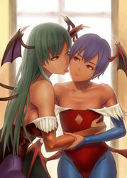  2girls arm_grab backlighting bare_shoulders bridal_gauntlets bugfix commentary_request diamond_cutout green_hair head_wings holding leotard lilith_aensland long_hair looking_at_another morrigan_aensland multiple_girls pantyhose purple_hair red_eyes red_leotard short_hair siblings sisters tongue tongue_out vampire_(game) window wings 