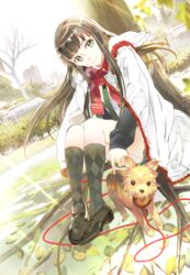  119 brown_hair canine commentary_request female hanako_(idolmaster) highres idolmaster idolmaster_cinderella_girls long_hair looking_at_viewer necktie outdoors red_scarf scarf shibuya_rin sitting smile socks solo tree 