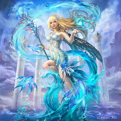  bahamut_crisis black_cape blonde_hair breasts cape cloud column commentary_request coral day dress earrings eudia_(serenity2200) female fish flying_fish full_body holding holding_staff jewelry long_hair looking_at_viewer medium_breasts outdoors photoshop_(medium) pillar solo staff standing water watermark white_dress 