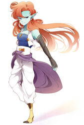  blue_eyes blue_skin detached_sleeves dragon_ball dragon_ball_z earrings female female grin highres jewelry long_hair necklace orange_hair pointy_ears shitora_(bernkastel) smile solo standing zangya 