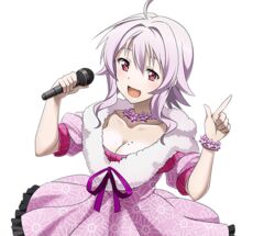  :d ahoge breasts cleavage collarbone dress female hair_between_eyes holding holding_microphone index_finger_raised jewelry large_breasts microphone mole mole_on_breast necklace official_art open_mouth pink_dress purple_ribbon red_eyes ribbon short_hair_with_long_locks sidelocks silver_hair smile solo standing strea_(sao) sword_art_online sword_art_online:_code_register transparent_background 