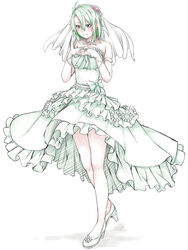  ayase_tamaki bare_legs bead_necklace beads bow collarbone commentary_request dress female flower flower_knight_girl frilled_dress frills full_body green_bow green_dress green_footwear green_hair grey_eyes hair_flower hair_ornament highres jewelry necklace saboten_(flower_knight_girl) shoes short_hair smile solo standing veil white_background 