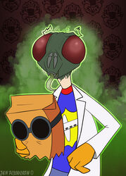  absurd_res animal_head antennae_(anatomy) arthropod big_eyes bodily_fluids bottomwear brown_background cartoon_network clothed clothing coat doctor dr._flug_(villainous) drooling eyewear fangs fly_(animal) for_a_head gas gloves goggles green_body green_skin hair handwear hat headgear headwear hi_res human humanoid insects jen_foxworth lab_coat male mammal nightmare_fuel open_mouth pants paper_bag red_eyes saliva scientist sharp_teeth shirt simple_background solo standing teeth tongue tongue_out top_hat topwear villainous_(series) what_has_science_done 