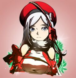  adapted_costume aila_jyrkiainen bad_id bad_pixiv_id bare_shoulders blue_eyes blush breasts christmas elbow_gloves female fur_trim gloves grey_hair gundam gundam_build_fighters guratan hat long_hair medium_breasts pink_background ribbon simple_background solo upper_body 