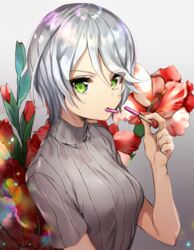  bad_id bad_twitter_id commentary eating female flower food gambe gladiolus gradient_background green_eyes grey_background grey_hair grey_sweater hair_between_eyes holding looking_at_viewer mouth_hold pocky pretty_series pripara ribbed_sweater shikyoin_hibiki short_hair short_sleeves solo sparkle sweater turtleneck turtleneck_sweater upper_body 