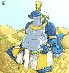  2013 anthro atef_crown belly belly_folds belly_scales biped blue_body blue_scales bulge clothed clothing crocodile crocodilian crocodylid crown deity desert egyptian egyptian_clothing egyptian_headdress english_text gold_(metal) gold_jewelry green_eyes headdress headgear headpiece headwear jewelry kalnareff kneeling larger_male looking_at_viewer macro male micro moobs musclegut muscular navel necklace overweight overweight_anthro overweight_male pecs pectoral_(jewelry) pyramid radiant_crown reptile sand scales scalie shendyt size_difference slightly_chubby sobek solo tail teeth text topless 