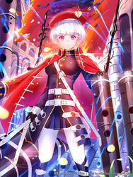  belt black_gloves black_skirt commentary_request copyright_name eternal_wars female frown gloves hat highres jacket jacket_on_shoulders leg_ribbon official_art photoshop_(medium) purple_eyes red_hat red_jacket ribbon skirt solo standing sysen white_hair white_legwear 