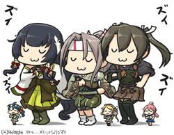  6+girls :3 aviator_cap black_hair blonde_hair boots closed_eyes commentary_request dancing dated detached_sleeves eyewear_on_head fairy_(kancolle) gloves goggles goggles_on_head green_hair grey_hair hachimaki hair_ornament hair_ribbon hair_tubes hakama hakama_short_skirt hakama_skirt hamu_koutarou headband high_ponytail japanese_clothes kantai_collection kimono light_brown_hair long_hair low-tied_long_hair mizuho_(kancolle) multiple_girls muneate name_connection partially_fingerless_gloves pleated_skirt purple_hair ribbon ribbon-trimmed_sleeves ribbon_trim school_uniform serafuku simple_background size_difference skirt tasuki thigh_boots thighhighs translated twintails u_u very_long_hair white_background yugake zui_zui_dance zuihou_(kancolle) zuikaku_(kancolle) zuiun_(kancolle) 