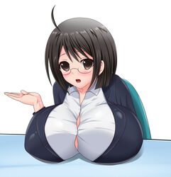  blush breast_rest breasts brown_eyes brown_hair bursting_breasts female female glasses huge_breasts open_mouth saogokushi servant_x_service short_hair yamagami_lucy 