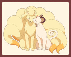  blush closed_eyes commentary_request feline fox heart matsuki_(mikipingpong) multiple_tails ninetales no_humans one_eye_closed persian_(pokemon) pokemon pokemon_(creature) red_eyes sitting smile tail 