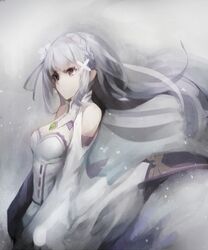  bad_id bad_pixiv_id bare_shoulders braid breasts brooch collared_dress commentary crown_braid dress emilia_(re:zero) faux_traditional_media female floating_hair flower gyup hair_flower hair_ornament hairband jewelry light_purple_hair long_hair long_sleeves looking_ahead medium_breasts purple_eyes re:zero_kara_hajimeru_isekai_seikatsu solo white_dress x_hair_ornament 