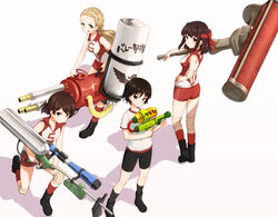  4girls back bike_shorts bird black_footwear black_legwear black_shorts blonde_hair boots brown_eyes brown_hair commentary_request duck dynamo_roller_(splatoon) e-liter_3k_(splatoon) elbow_pads emblem from_behind girls_und_panzer grin gym_shirt gym_uniform hair_pulled_back hairband hand_on_own_hip headband holding holding_weapon hydra_splatling_(splatoon) isobe_noriko kawanishi_shinobu knee_pads kneeling kondou_taeko long_hair looking_at_viewer looking_back multiple_girls open_mouth photoshop_(medium) red_legwear red_shorts sasaki_akebi scope shadow shirt short_hair short_ponytail short_shorts short_sleeves shorts sleeveless sleeveless_shirt smile socks splatoon_(series) splatoon_1 splattershot_(splatoon) sportswear standing suke_(momijigari) swept_bangs translated volleyball_uniform weapon white_background white_shirt 