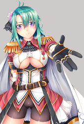  ascot ayase_tamaki belt bike_shorts black_ribbon breasts cameltoe cape commentary_request cowboy_shot epaulettes female flower flower_knight_girl gloves green_hair grey_background hair_flower hair_ornament hair_ribbon highres large_breasts looking_at_viewer outstretched_hand purple_eyes ribbon saboten_(flower_knight_girl) short_hair smile solo underboob 