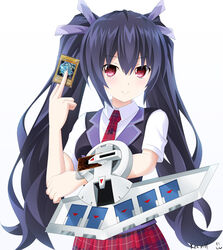  artist_name bad_id bad_pixiv_id black_hair blazer blue-eyes_white_dragon blue-eyes_white_dragon_(card) card commentary_request duel_disk duel_monster female hair_ribbon holding holding_card jacket keenh long_hair necktie neptune_(series) noire_(neptunia) photoshop_(medium) plaid plaid_necktie plaid_skirt red_eyes ribbon skirt solo twintails very_long_hair yu-gi-oh! 