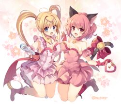  2girls :d ahoge animal_ears asymmetrical_docking bare_arms bare_shoulders bell blonde_hair blue_eyes bow breast_press breasts cat_ears cat_tail choker collarbone commentary crossover detached_sleeves dress foreshortening full_body gloves hair_intakes holding holding_hands holding_wand interlocked_fingers jingle_bell jumping layered_dress looking_at_viewer magical_girl medium_breasts mermaid_melody_pichi_pichi_pitch mew_ichigo momomiya_ichigo multiple_girls nanami_lucia nanami_lucia_(idol) nanami_lucia_(super_idol) oerba_yun_fang open_mouth pink_bow pink_dress pink_eyes pink_footwear pink_gloves pink_hair pointing pointing_at_viewer puffy_short_sleeves puffy_sleeves red_bow red_gloves rento_(rukeai) short_hair short_sleeves sleeveless sleeveless_dress smile star_(symbol) strapless strapless_dress tail tail_bell tail_ornament tokyo_mew_mew twintails wand 