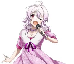  ;d ahoge bracelet breasts cleavage collarbone dress female holding holding_microphone jewelry large_breasts long_hair microphone mole mole_on_breast necklace official_art one_eye_closed open_mouth pink_dress purple_ribbon red_eyes ribbon silver_hair smile solo standing strea_(sao) sword_art_online sword_art_online:_code_register transparent_background upper_body 