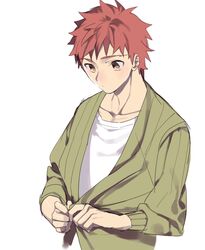  1boy bad_id bad_pixiv_id dressing emiya_shirou fate/stay_night fate_(series) green_jacket jacket kotarou_(raincoat) male_focus orange_hair solo yellow_eyes 