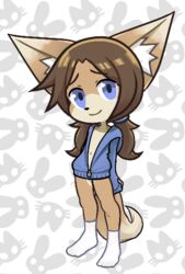  2017 2d_animation animated anthro blue_hair brown_body brown_fur brown_hair canid canine chelsea_larimore clothed clothing ear_tuft female footwear fox fur hair high_framerate legwear long_hair looking_at_viewer loop mammal motion_tweening navel pettankon short_playtime simple_background smile socks solo tuft white_body white_fur 